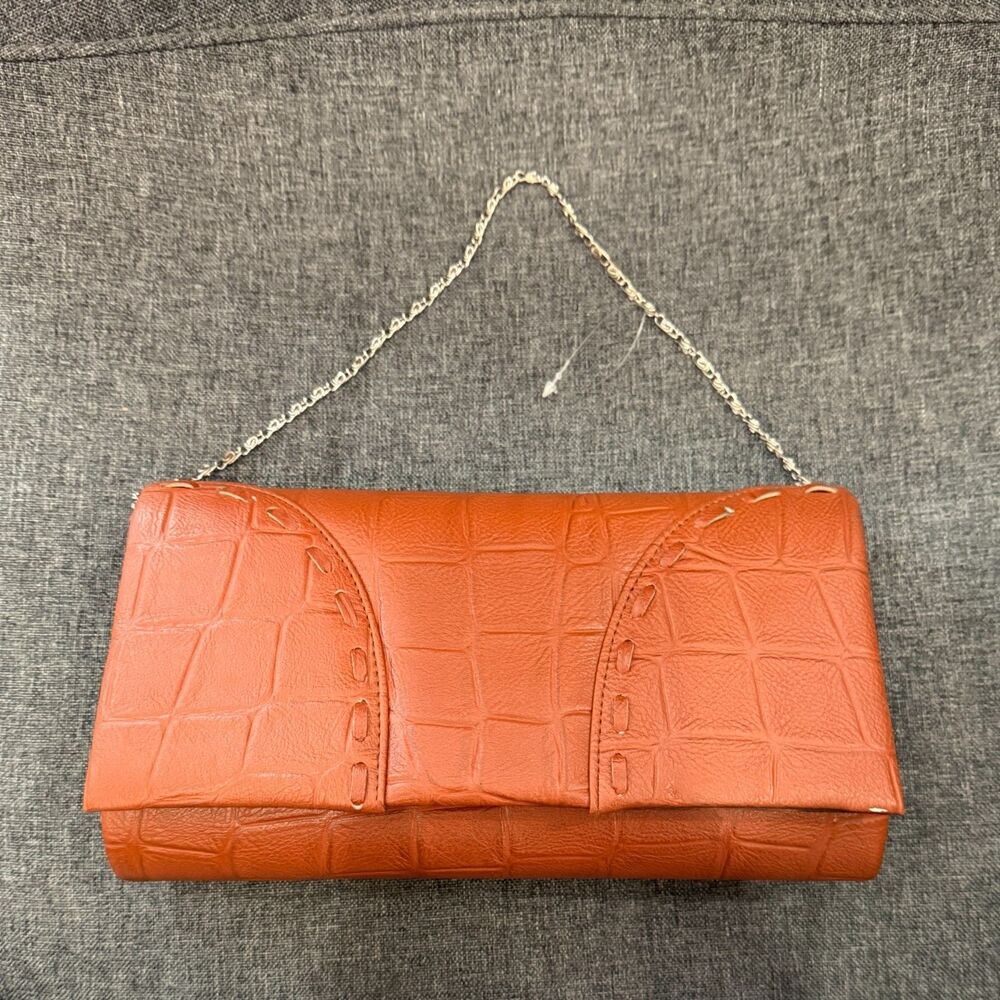 Vintage - Faux Leather Orange Clutch, Handbag, with Gold Chain and Small Stain